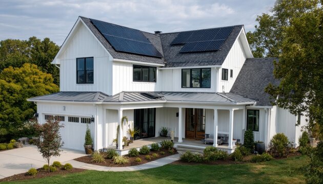 Stunning modern farmhouse with solar panels offers sustainable living and curb appeal, perfect for real estate and energy efficiency marketing campaigns