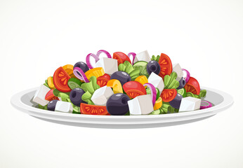 Greek salad of fresh vegetables and cheese in large white ceramic plate object isolated on a white background