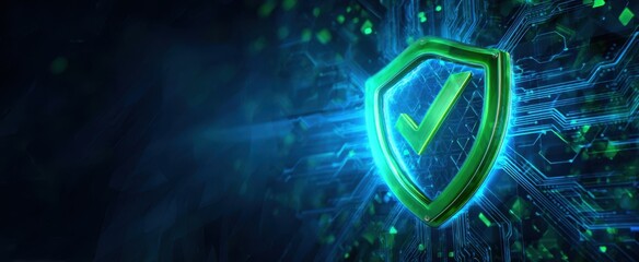 The Shield with Checkmark Over Futuristic Digital Circuit Background Symbolizing Cybersecurity and Data Protection