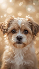 Cute little dog portrait with soft fur and sparkling bokeh behind.