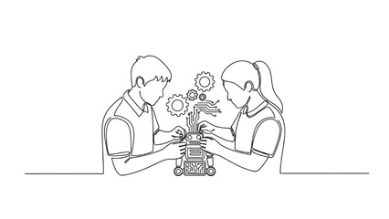 Continuous Line Drawing of Students Building Robot – Science and Technology STEM Education Line Art