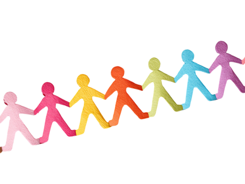 Paper people linked in a colorful chain