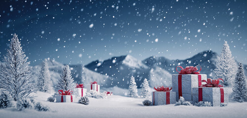 a snowy landscape with christmas trees, presents, and mountains in the background. the sky is dark blue with stars shining through the falling snowflakes