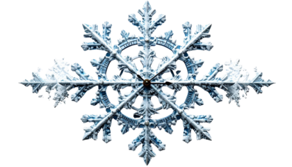 Creative Christmas ornament shaped like a snowflake combined with a clock, isolated on transparent background, symbolic design of festive time
