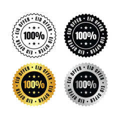Fototapeta premium 100 percent four eid offer stickers in black white gold and silver with star accents and text elements