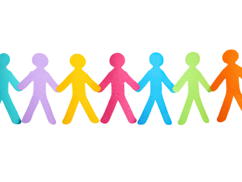 Colorful paper cutouts of people holding hands in a row