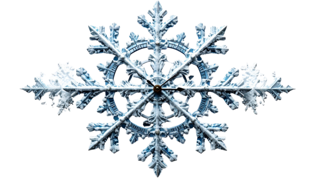 Creative Christmas ornament shaped like a snowflake combined with a clock, isolated on transparent background, symbolic design of festive time