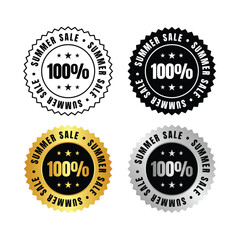 100 percent  four circular summer promotion stickers in black gold silver and outline variations on white