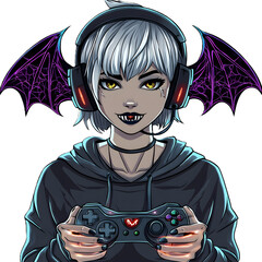 Midnight Bat Wing Gamer with Silver Hair Headphones and Bat Controller