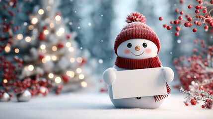 a cute snowman with a red hat and scarf, holding an empty white card in its hand. the background features christmas decorations
