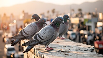 Obraz premium A photo of pigeons perched on a concrete wall in the background of a bustling cityscape, with a blurred urban environment 