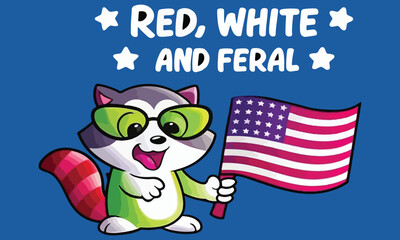 Red White and Feral — Cute Patriotic Animal Cartoon with American Flag .