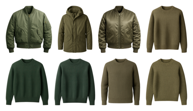PNG Green jackets sweaters winter collection, element set on transparent background