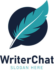 Writer logo design with feather pen and chat bubble for publishing, blogging, and communication branding