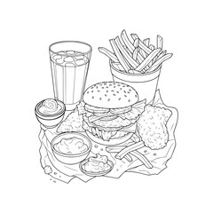 fast food clean black and white, cartoon style, bold outlines, no shading, no gradients, white background, perfect for coloring book