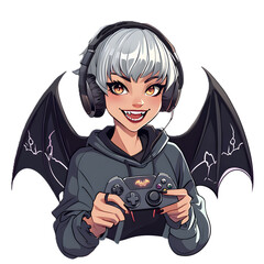 Midnight Bat Wing Gamer with Silver Hair Headphones and Bat Controller