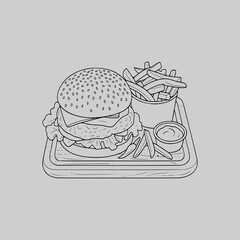 burger fast food clean black and white, cartoon style, bold outlines, no shading, no gradients, white background, perfect for coloring book