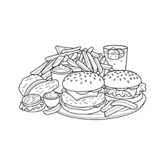fast food illustration, clean black and white, cartoon style, bold outlines, no shading, no gradients, white background, perfect for coloring book