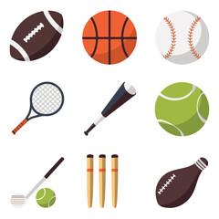 Sports Equipment Icons Set, Football, Basketball, Tennis, Baseball, Badminton, Volleyball Vector Design