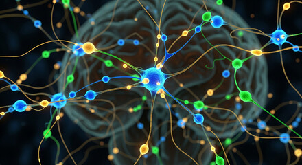 A complex network of interconnected neural nodes illustrating the complex processing structures of the brain. Medical concept