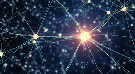 A complex network of interconnected neural nodes illustrating the complex processing structures of the brain. Medical concept