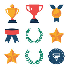 Awards and Achievement Icons, Trophy, Medal, Ribbon, Laurel Wreath, Star, Victory Vector Set