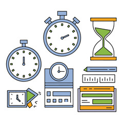 Stopwatch and Hourglass Vector Set, Flat Design Timer, Countdown Clock, Productivity Icons