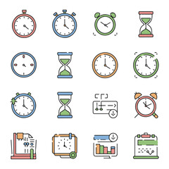 Clock and Timer Icons Set, Analog, Digital, Stopwatch, Alarm, Hourglass, Schedule Vector Design