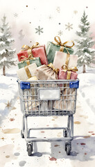 Shopping cart filled with Christmas presents in winter landscape  