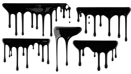 A composite of five glossy black paint drips, varying in shape and length, against a stark white backdrop