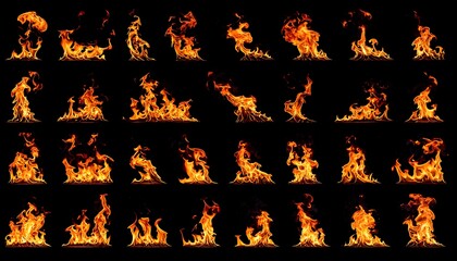 A composite of flames with varying sizes and shapes, ranging from small to large, against a solid black backdrop
