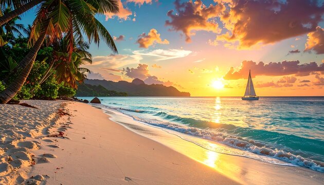A tropical beach scene at sunset showcases a sailboat on turquoise waters, palm trees, and golden sky with fluffy clouds