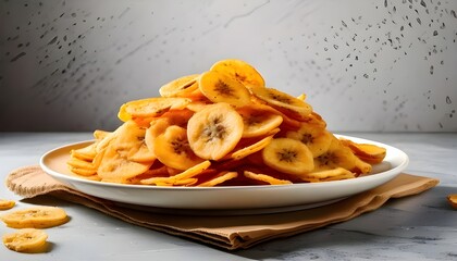 Banana chips on a white plate with a napkin on a white table with a wall background