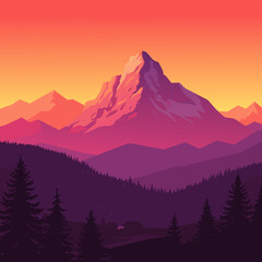 Obraz premium Vibrant vector art of a majestic mountain landscape at sunset, with layered hills, pine trees, and a peaceful cabin, capturing natural serenity