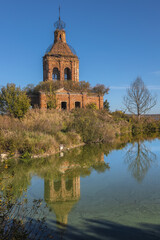 Ruins of Transfiguration Church in Zherdevo, Tula region, reflected in water