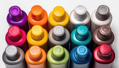 Many colorful bottles, various caps
