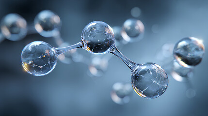 Elegant abstract 3D illustration of a clear glass molecule, representing essential compounds like hyaluronic acid or collagen. Scientific background for beauty, skincare cosmetics concepts.