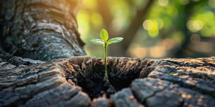 Young plant new generation grow up on old dead tree stump nature resilience lush forest sustainable.