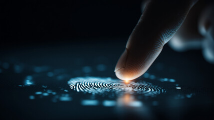 Finger pressing on a fingerprint scanner with glowing light and dark background