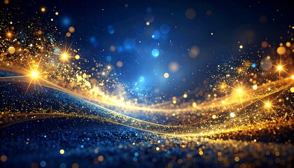 Abstract digital artwork with sparkling light particles, flowing lines, and bokeh effects. It has a blue and gold color palette with ethereal and magical vibes