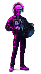 Neon DJ Skeleton with Vinyl and Glowing Headphones in Cyberpunk Streetwear