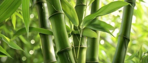 Obraz premium Bamboo forest close up shot and green leafs bokeh sunlgiht.