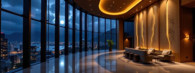 sustainable highrise lobby glowing with moonlight glow reflecting harmony and infinite serene vista