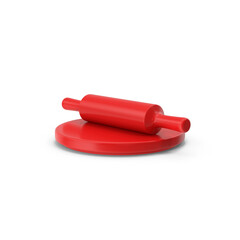 Red rolling pin with round board for dough preparation, isolated on transparent background, PNG