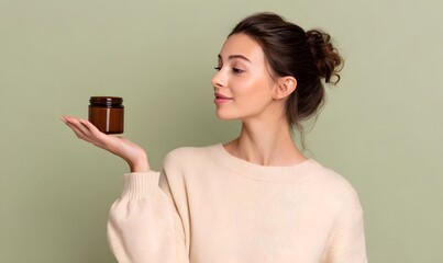 Fototapeta premium side profile white irish woman, see her face, holding a brown glass jar of cream in the air.