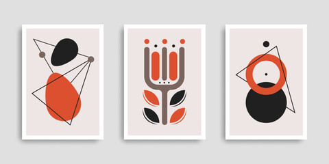 A set of modern abstract wall prints. Minimalistic geometric shapes in black, orange, and beige tones. Modern vector posters for interior decor, home, living room, and office.