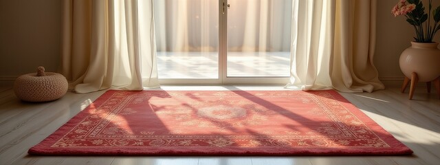 serene meditation rug glowing with infinite motif reflecting smooth harmony under polished curtain