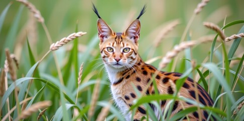 Fototapeta premium Alert serval cat sits attentively in tall grass, ears pricked, eyes focused, hunting, attentive, vegetation