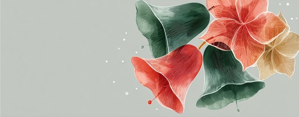 Modern bell abstract background with abstract bell shaped concept with small overlapping shapes in red, green, and gold Christmas tones, forming a delicate abstract bell in the  light grey background 