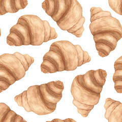 Pattern with watercolor illustrations of croissants